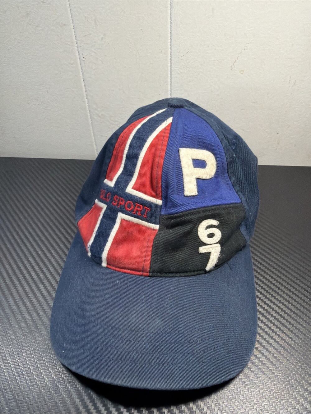 RARE VTG 90s POLO SPORT RALPH LAUREN PATCHWORK NORWAY FLAG 67 STRAPBACK HAT R2